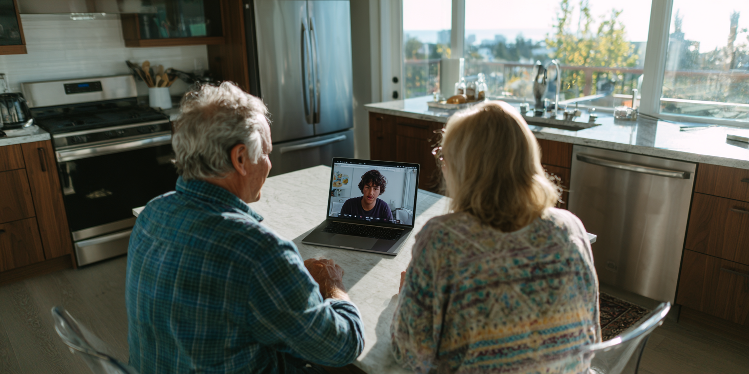 An older couple conversing with an AI of their deceased child on a laptop