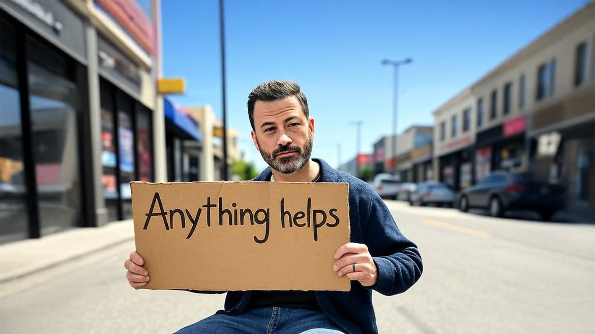 Jimmy Kimmel panhandling on the street holding a sign that says "Anything helps"