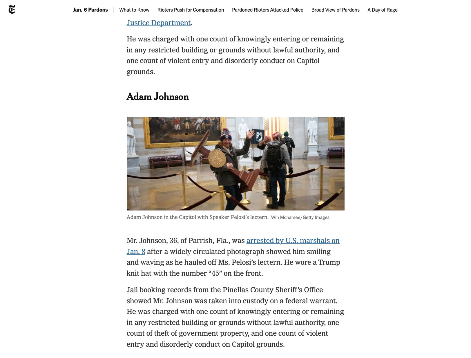 Screenshot of New York Times article about Jan 6 participants