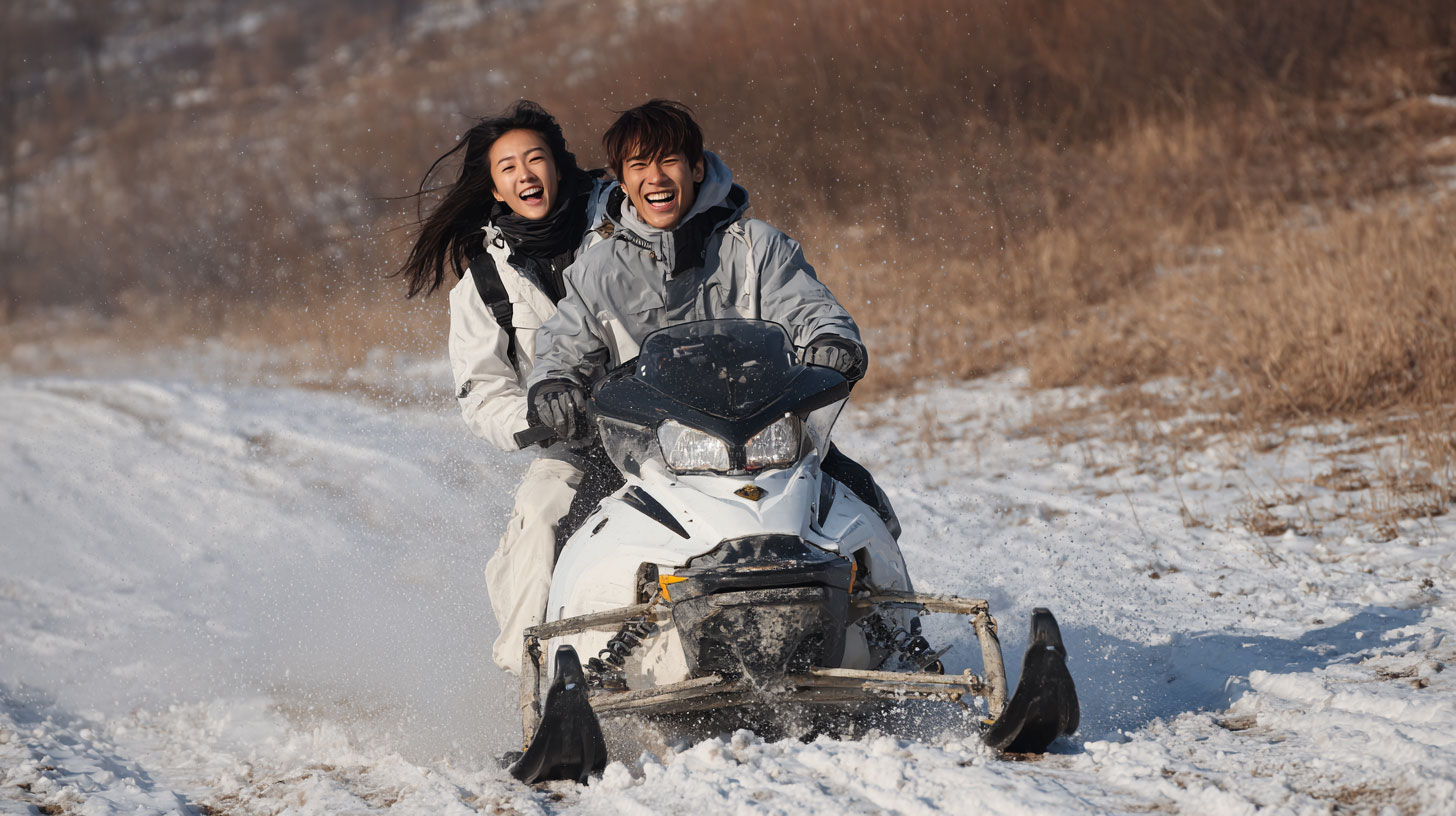 A young Korean couple having the time of their lives on a snowmobile