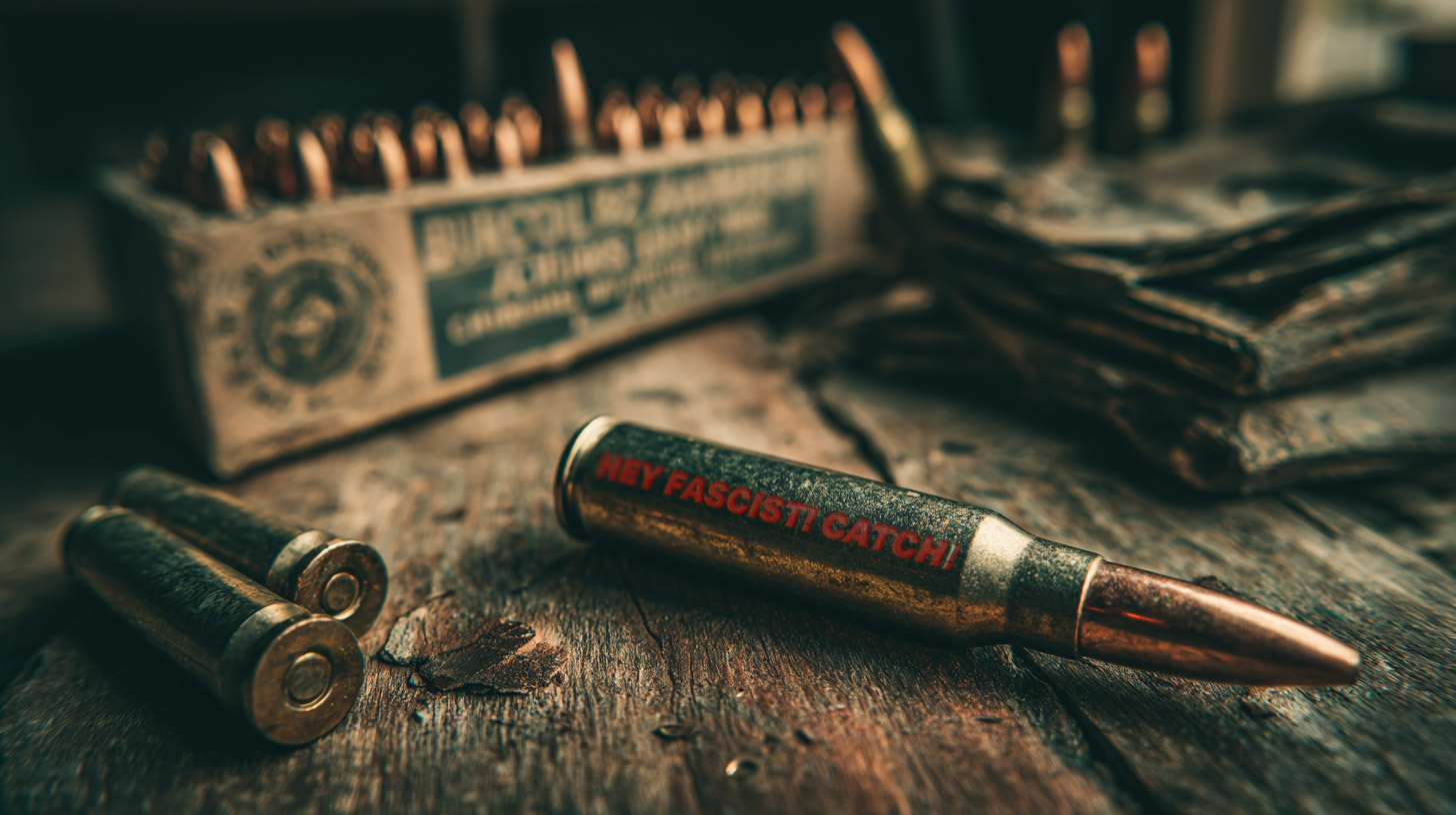 A box of bullets with Hey Fascist! Catch! written on them