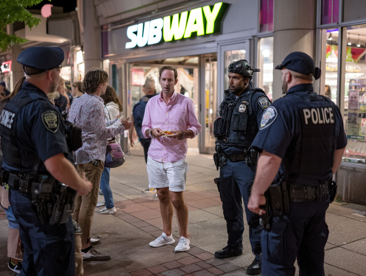 A man holding a sandwich talking to police in front of a Subway