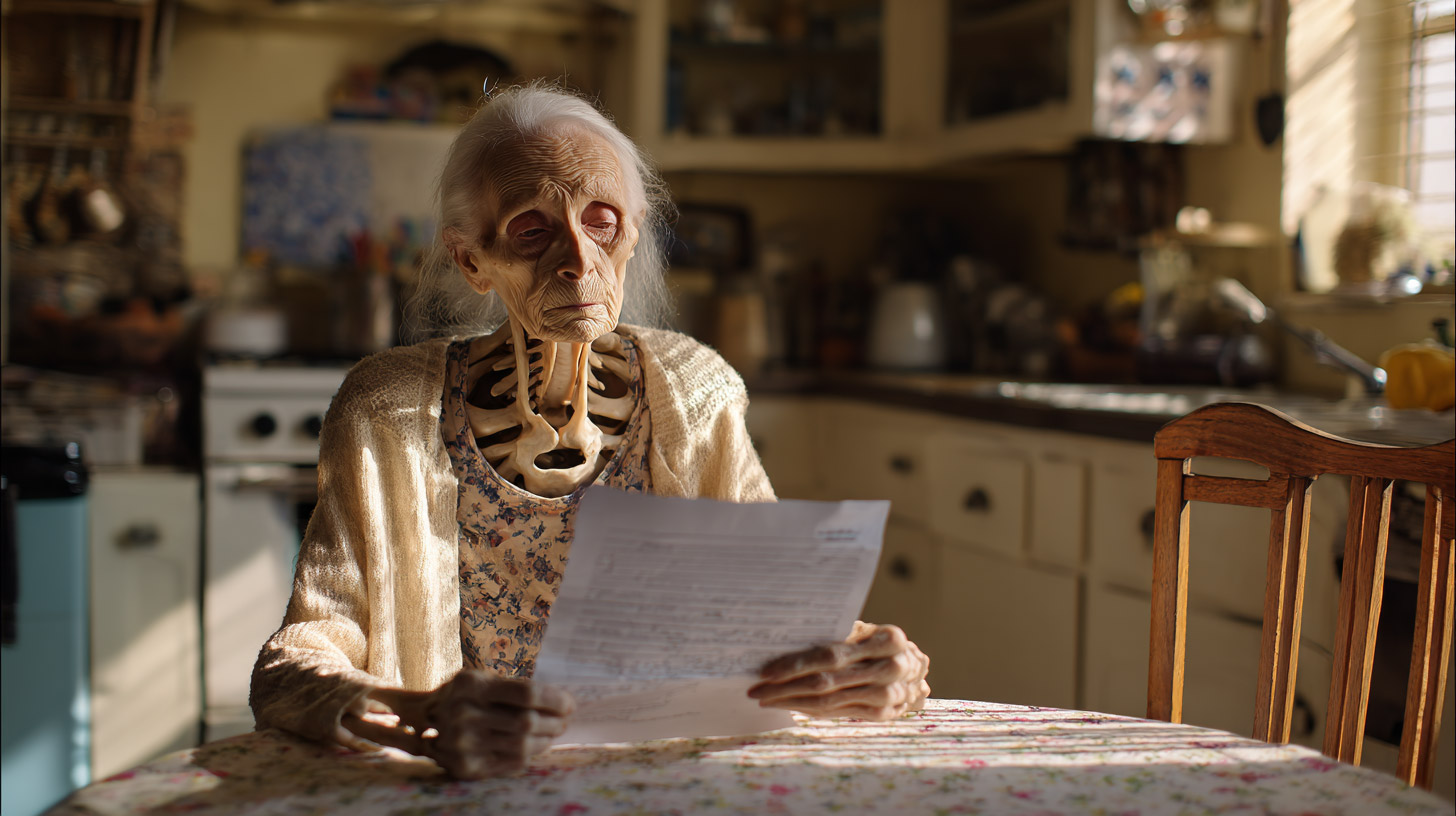 A 130 year old woman sits at her kitchen table reading how she's lost her Social Security benefits