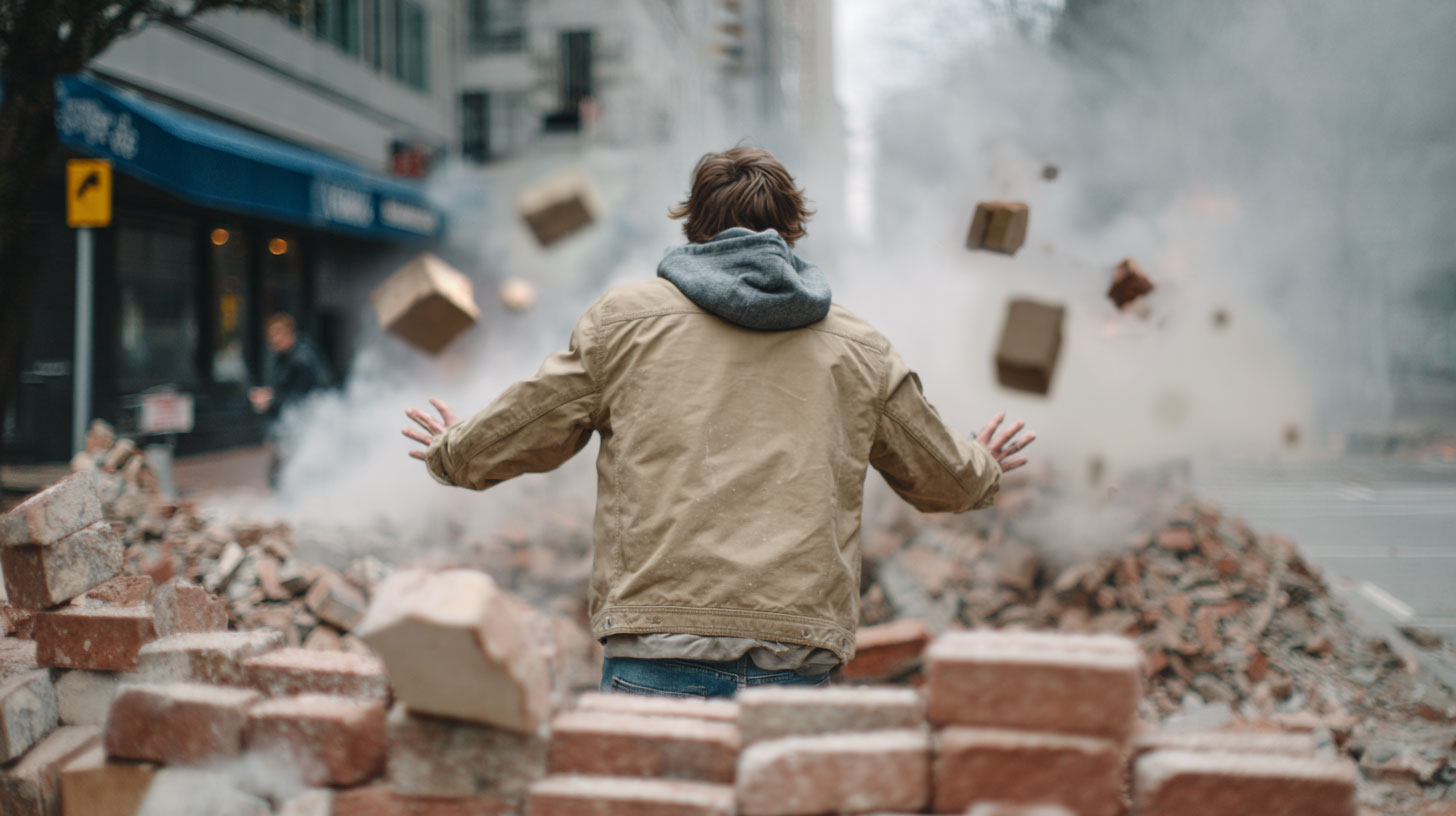 A man stands alone in the streets bracing himself agains an insible attack