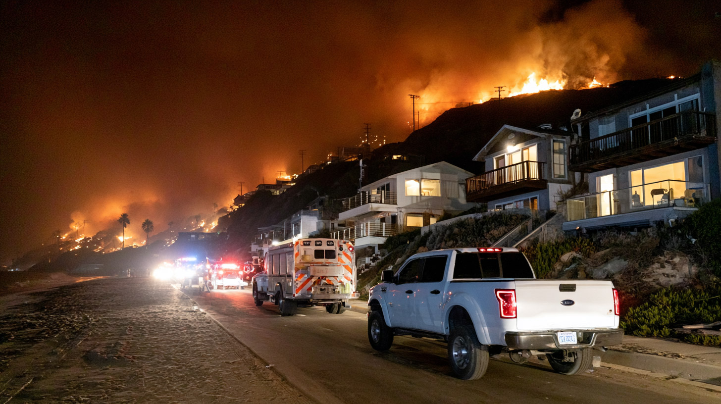 A wildfire rages in the Palisades region of Los Angeles